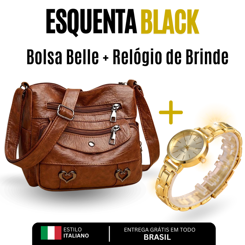 Bolsa Feminina de Couro Belle + Relógio de Brinde