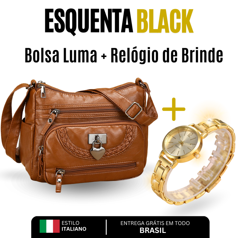 Bolsa Feminina de Couro Luma + Relógio de Brinde