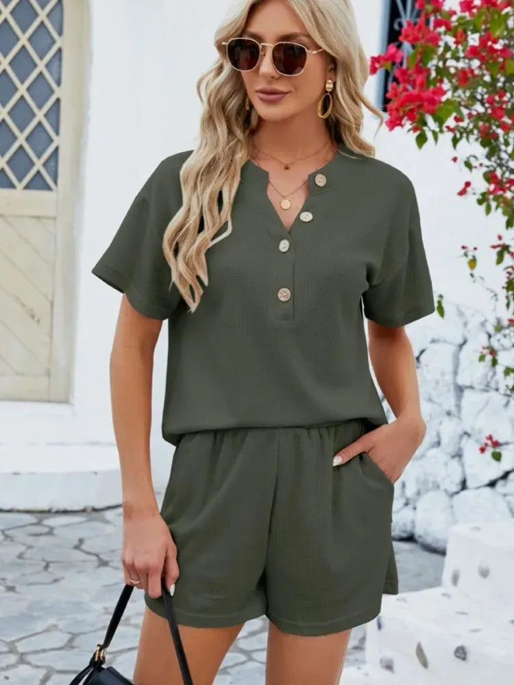 Conjunto Feminino Solid Grace - Camisa de Manga Curta Solta e Calças Casuais, Terno Monocromático