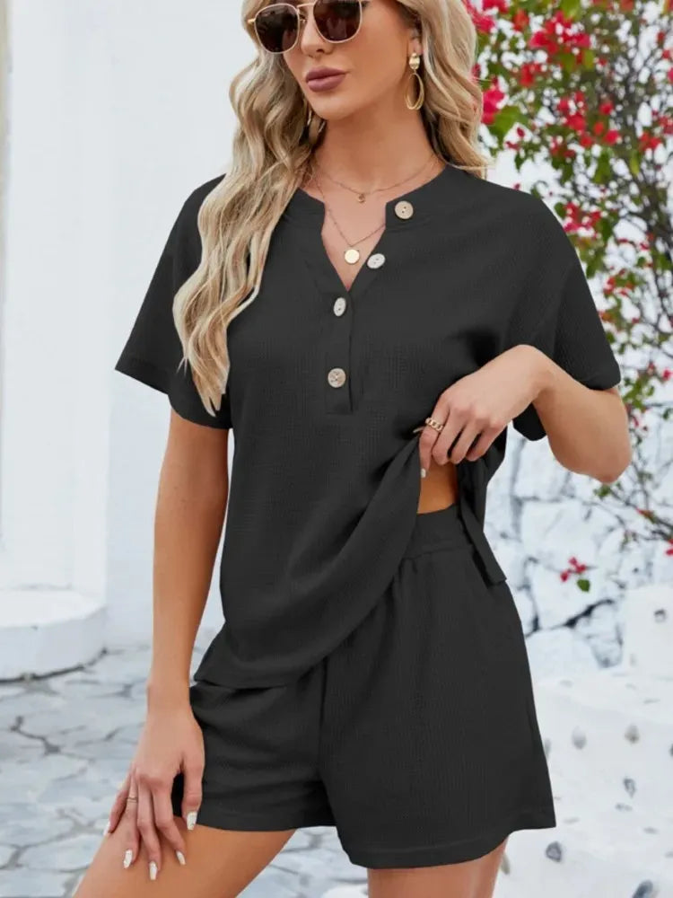 Conjunto Feminino Solid Grace - Camisa de Manga Curta Solta e Calças Casuais, Terno Monocromático