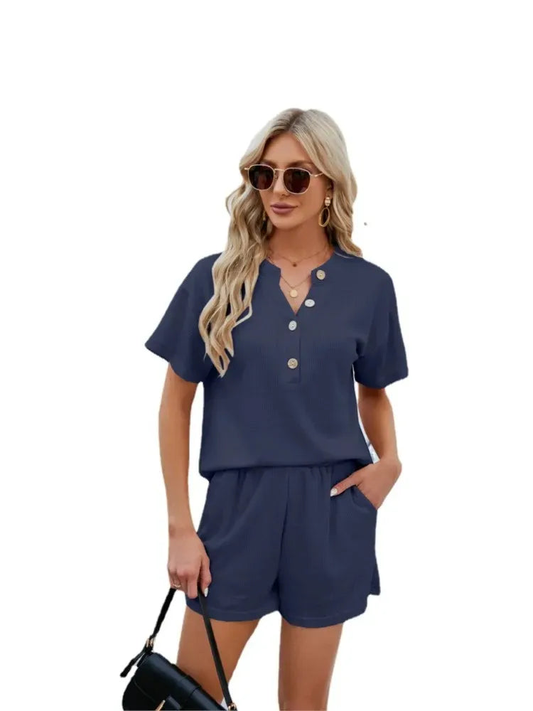 Conjunto Feminino Solid Grace - Camisa de Manga Curta Solta e Calças Casuais, Terno Monocromático