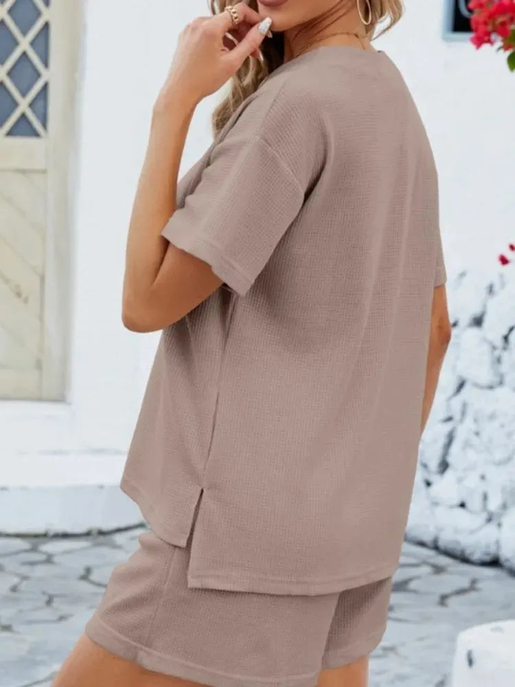 Conjunto Feminino Solid Grace - Camisa de Manga Curta Solta e Calças Casuais, Terno Monocromático