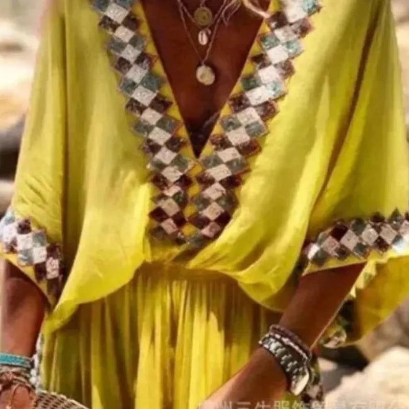 Conjunto Boho Vibe - Vestido com Estampa e Decote em V