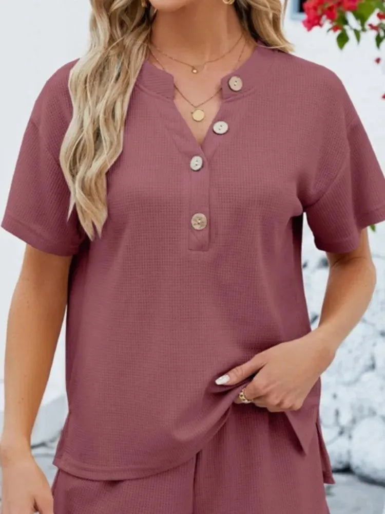 Conjunto Feminino Solid Grace - Camisa de Manga Curta Solta e Calças Casuais, Terno Monocromático